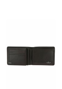 Portefeuille bifold en cuir marron foncé avec plusieurs emplacements pour cartes, une poche à monnaie et une technologie sécurisée RFID.