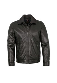 Schwarze Lederjacke mit Reißverschluss, gestepptem Kragen und zwei seitlichen Taschen. Glatte Textur mit minimalen Nähdetails.