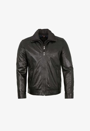 Schwarze Lederjacke mit Reißverschluss, gestepptem Kragen und zwei seitlichen Taschen. Glatte Textur mit minimalen Nähdetails.