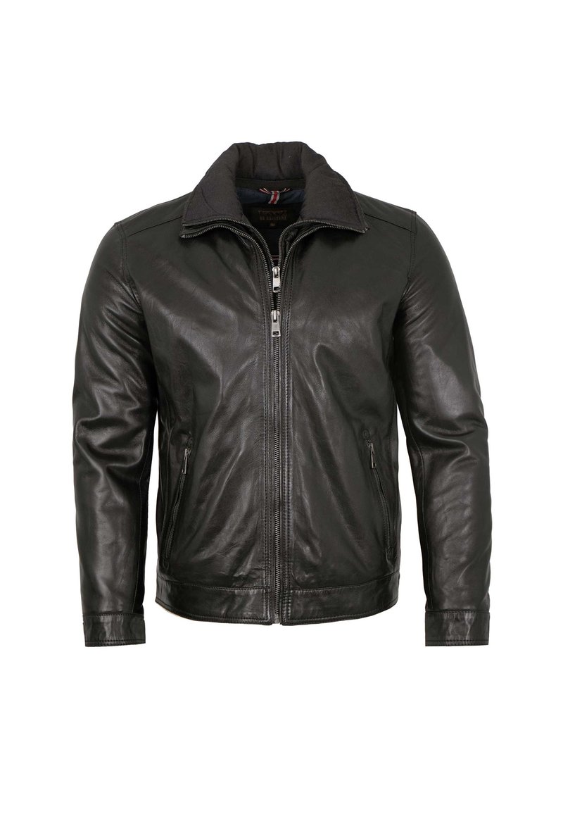 Schwarze Lederjacke mit Reißverschluss, gestepptem Kragen und zwei seitlichen Taschen. Glatte Textur mit minimalen Nähdetails.