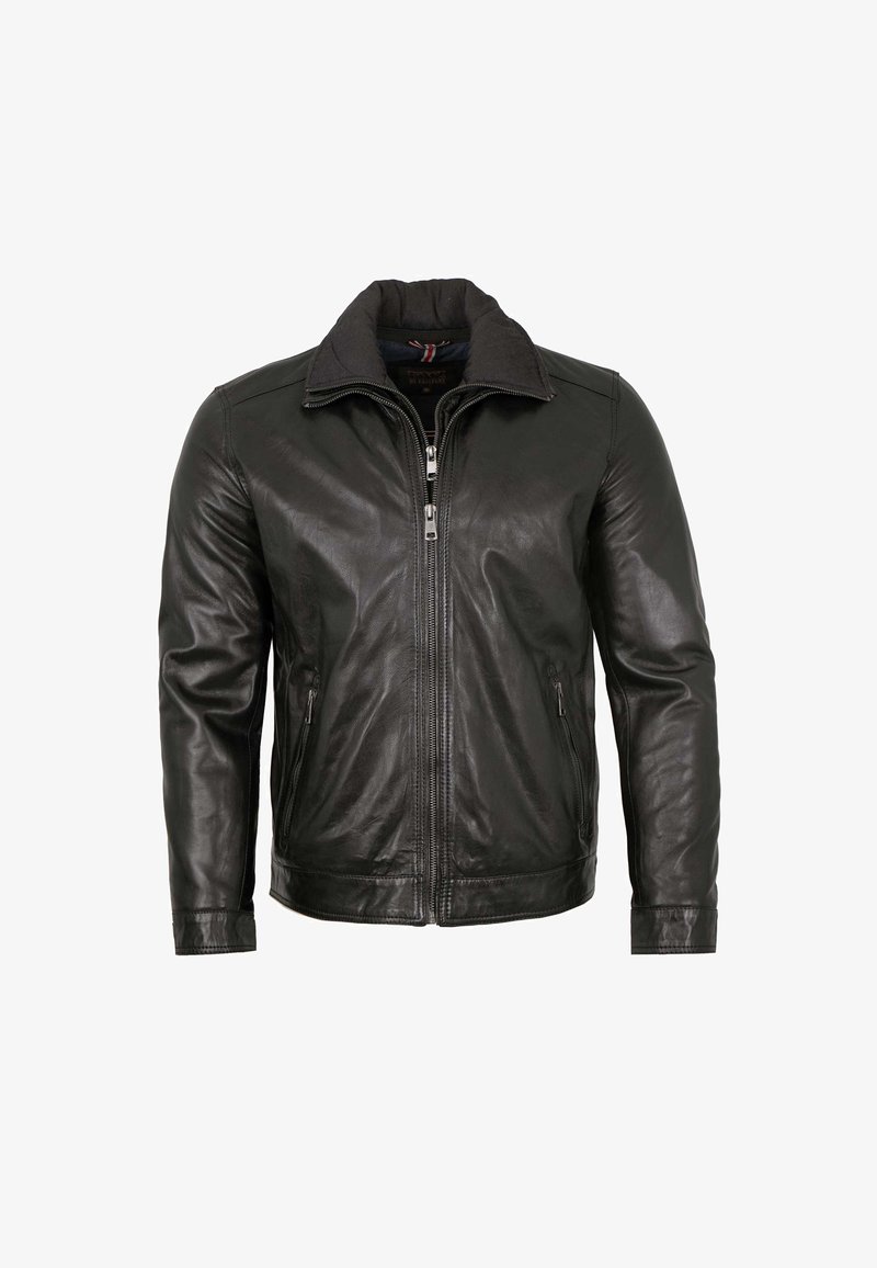 Schwarze Lederjacke mit Reißverschluss, gestepptem Kragen und zwei seitlichen Taschen. Glatte Textur mit minimalen Nähdetails.