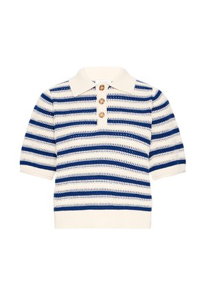 Korte mouwen polo-shirt in crème met blauwe en marineblauwe strepen, voorzien van een textuur gebreide stof, een kraag en drie houten knopen.