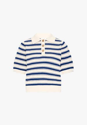 Kreemivärvi lühikeste varrukatega polo särk siniste ja tumepruunide triipudega, mis sisaldab tekstuurset kudumist, kraed ja kolme puidust nööpi.