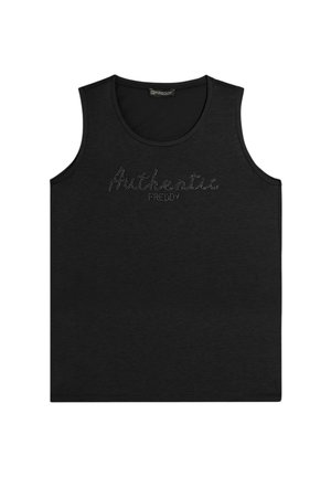 Canotta nera senza maniche con testo puntinato "Authentic Freddy" sul petto, scollo rotondo e design semplice.