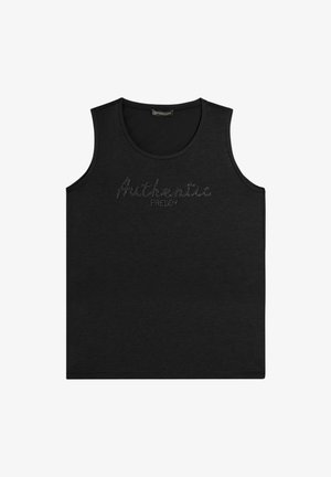 Canotta nera senza maniche con testo puntinato "Authentic Freddy" sul petto, scollo rotondo e design semplice.