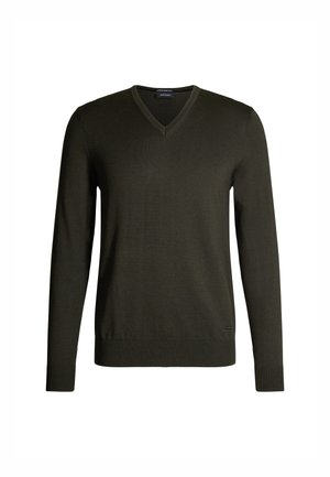 Olivgrüner V-Ausschnitt-Pullover aus weichem Strickstoff. Mit langen Ärmeln und gerippten Bündchen sowie Saum. Dezent angebrachtes Logo am unteren linken Rand.