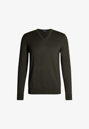 Olive green V-neck sweater made of soft knit fabric. Features long sleeves and ribbed cuffs and hem. Subtle logo near the bottom left.