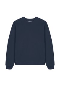 Námornícky modrá mikina s okrúhlym výstrihom, dlhými rukávmi a rebrovanými manžetami. Mäkká textúra a voľný strih. Názov značky je diskrétne zobrazený na etikete.