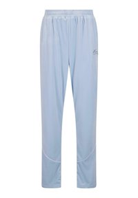 Pantaloni sportivi azzurri chiari con cintura elastica, gamba affusolata e cuciture bianche lungo le cuciture laterali. Realizzati in tessuto morbido.