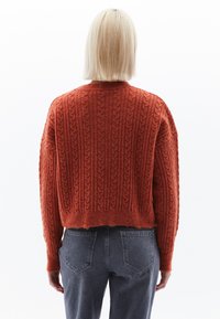 Roestige oranje kabelgebreide trui met een cropped ontwerp, geribbelde halslijn en verlaagde schouders, gecombineerd met hoge taille denim jeans.