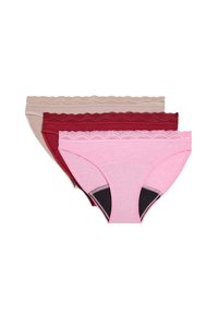 Tre par kvinnunderkläder i rosa, rött och beige. Varje par har en spetsdetalj vid midjan och en mjuk, bomullsliknande textur.