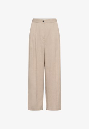 Beesidise laiad püksid, mis on valmistatud tekstureeritud kangast, kõrge vöökoht, ees voldid ja ühe nööbiga kinniti.