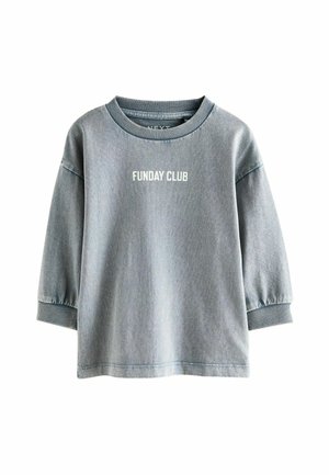 Grauer Sweatshirt mit langen Ärmeln, geripptem Halsausschnitt und Bündchen. Mit "FUNDAY CLUB" in Weiß auf der Brust bedruckt. Weicher Stoff. 