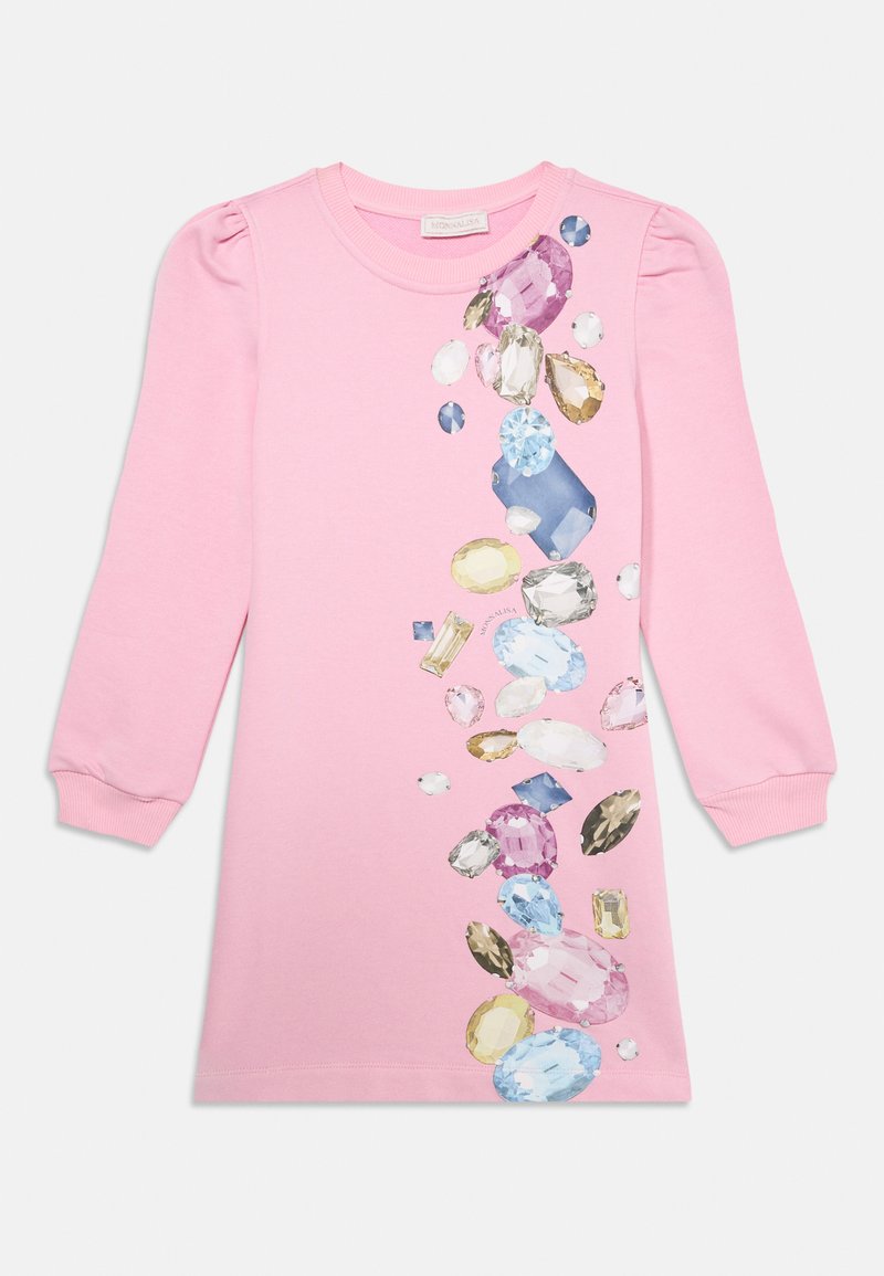 Langarmkleid in hellrosa mit einem Grafikdesign von Edelsteinen in verschiedenen Formen und Farben, mit gepufften Schultern und rundem Ausschnitt.