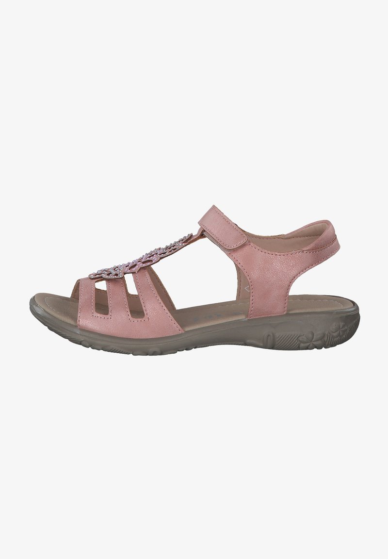 Rosa Leder-Sandale mit offenem Design, verstellbarem Riemen, dekorativer Verzierung auf dem Obermaterial und gepolsterter Sohle mit floralem Profil.