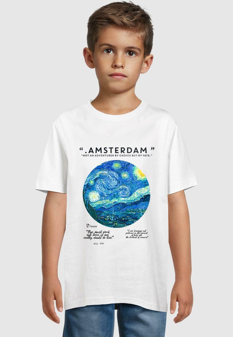 White t-shirt featuring a circular blue and green design inspired by Van Gogh's "Starry Night," with text about Amsterdam and Vincent Van Gogh.