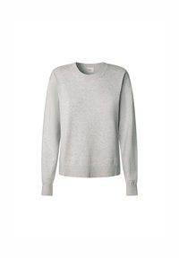 Maglione grigio chiaro, design a girocollo, maniche lunghe con polsini e orlo a costine, realizzato in tessuto morbido e testurizzato.