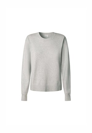 Hellgrauer Pullover, Rundhalsausschnitt, lange Ärmel mit gerippten Bündchen und Saum, aus weichem, strukturiertem Stoff.