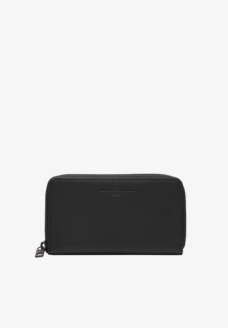 Portefeuille en cuir noir avec une surface texturée, fermeture à glissière et logo en relief. Forme rectangulaire compacte avec un détail de tirette de zip lisse.