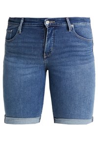 Tummansiniset farkkushortsit, joissa on käännetty helma, etutaskut ja klassinen viiden taskun malli. Valmistettu pehmeästä, joustavasta kankaasta.