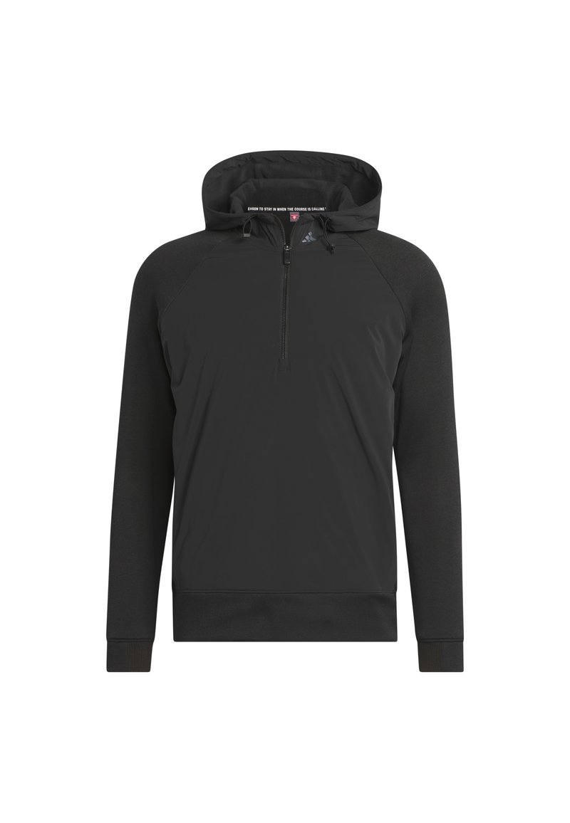 Männerschwarzer Langarm-Hoodie mit halbem Reißverschluss, Kordelzugkapuze und gemischten Stoffpanelen, Vorderansicht auf weißem Hintergrund.