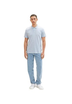 Light blue polo shirt with a collar, paired with light blue jeans and white sneakers. Simple design and casual fit with no patterns.