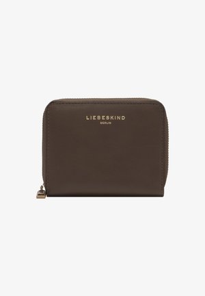Kompakte, dunkelbraune Lederbrieftasche mit goldenem "Liebeskind Berlin" Logo und Reißverschluss, der drei Kanten entlangläuft.