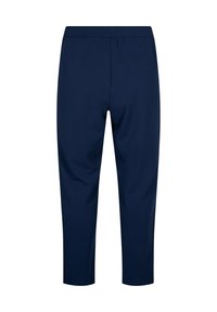 Navy blue capri pants with an elastic waistband, smooth texture, and a straight cut. No visible patterns or hardware details.