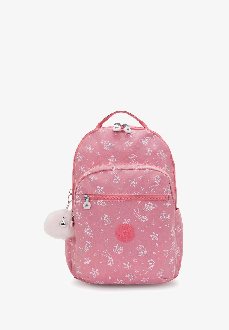 Růžový batoh s květinovým a zvířecím vzorem. Vyrobený z odolné tkaniny, má hlavní přihrádku, přední zipovou kapsu a huňatou bambuli.