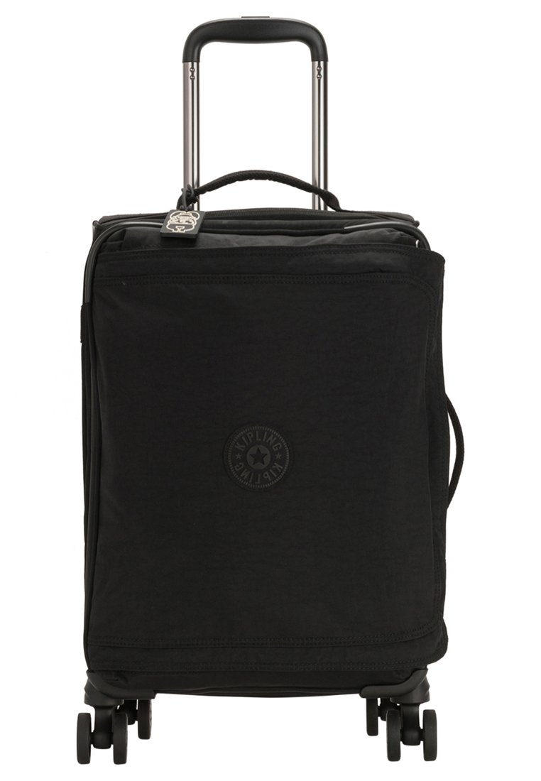 Black wheeled suitcase with a rectangular shape. Made of fabric, features a telescopic handle and four spinner wheels. Logo on front.