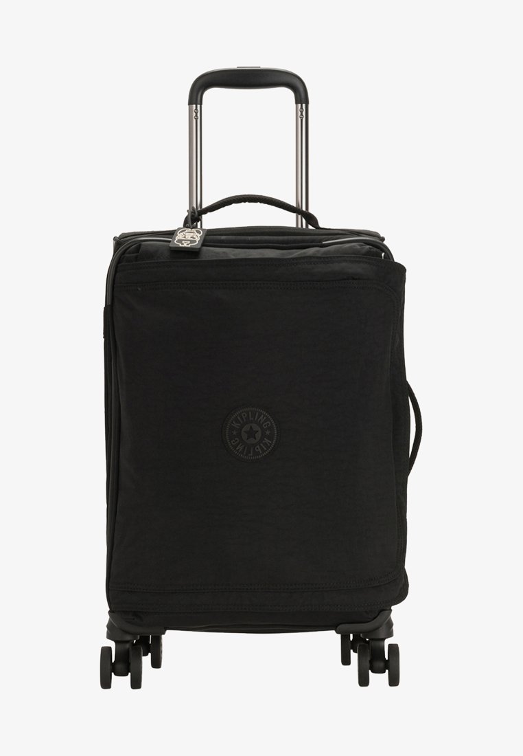 Black wheeled suitcase with a rectangular shape. Made of fabric, features a telescopic handle and four spinner wheels. Logo on front.