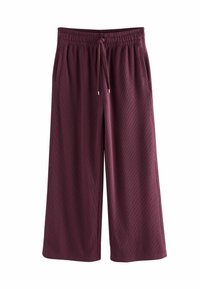 Burgundy wide-leg pants made of textured fabric, featuring an elastic waistband, drawstring with gold accents, and side pockets.