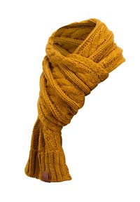 Mustard yellow knitted scarf with a textured pattern, featuring thick, twisted braids and ribbed ends. Accompanied by a small leather label.