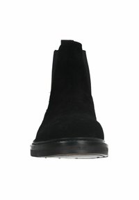 Bottes de cheville en suède noir avec un bout arrondi, des panneaux latéraux élastiques et une semelle en caoutchouc plate, présentant une surface lisse et un design simple.
