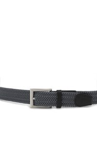 Wpleciony szary pasek z metalową prostokątną klamrą, z czarnymi akcentami i skórzaną pętelką. Tekstura jest elastyczna i chropowata.