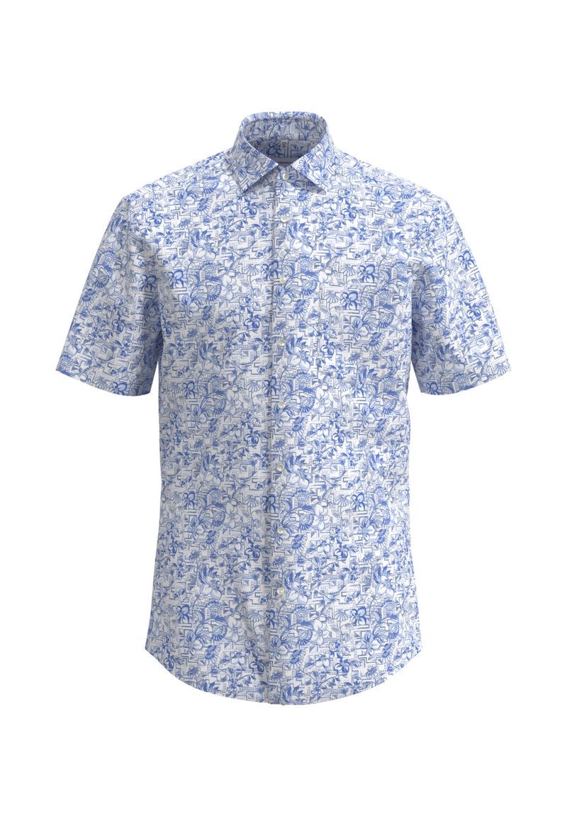Camicia a maniche corte con bottoni, sfondo bianco e intricato motivo floreale e geometrico blu, colletto e dettaglio della tasca.