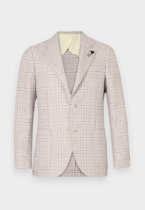 Beige plaid blazer with two buttons, notch lapels, and a small black pin. Textured fabric, light yellow inner collar, and two front pockets.
