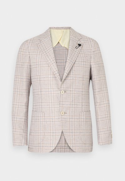 Bež karvaneeritud bleiser kahe nupuga, kruisidega krae ja väikese musta särgiga. Tekstuuriga kangas, heledalt kollane sisekrae ja kaks eesmist taskut.