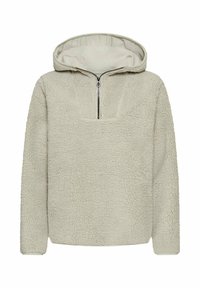 Fleece hoodie in lichtbeige met een halve rits, gestructureerd oppervlak en een brede halsopening. Zacht en comfortabel ontwerp voor warmte.