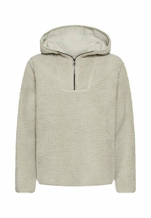 Fleece hoodie in lichtbeige met een halve rits, gestructureerd oppervlak en een brede halsopening. Zacht en comfortabel ontwerp voor warmte.