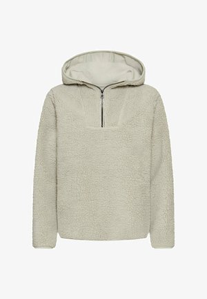 Fleece-Hoodie in hellem Beige mit einem halben Reißverschluss, strukturierten Oberflächen und einem weiten Ausschnitt. Weiches und kuscheliges Design für Wärme.