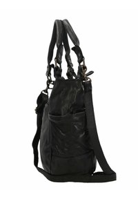 Borsa a mano in pelle nera con doppi manici, tracolla regolabile e tasca frontale esterna, vista di lato.