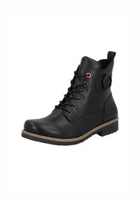 Bottines en cuir noir avec un laçage sur le devant, un col texturé et une touche de rouge. Elles présentent une semelle en caoutchouc et un petit talon pour plus de stabilité.