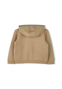Sweatshirt beige à capuche avec un tissu texturé, des épaules tombantes et une doublure intérieure rayée à la capuche. Style pull avec des poignets côtelés.