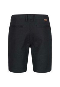 Black shorts with a smooth texture and tailored design. Features two back pockets and a small brand label on the waistband.