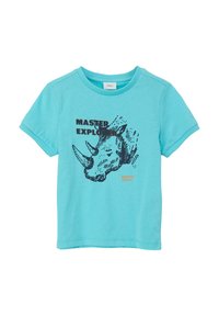 Türkise kurzärmelige T-Shirt mit einem schwarzen Nashorn-Grafik und dem Text "MEISTER ERKUNDER" in fett darüber sowie "HERRSCHE ÜBER DEN Dschungel" darunter.