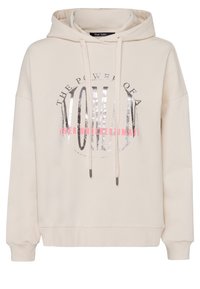 Cream-colored hoodie with a relaxed fit, featuring metallic silver and pink text graphic. Includes drawstrings and ribbed cuffs.