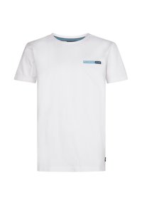 Witte katoenen t-shirt met korte mouwen, ronde halslijn en een blauw en zwart logo-patch op de linkerkant van de borst. Soepele textuur, casual ontwerp.