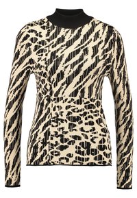 Maglia a maniche lunghe con colletto alto realizzata in stoffa testurizzata, caratterizzata da un motivo astratto nero e beige, con una silhouette aderente e colletto a costine.
