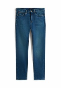 Tummansiniset farkut suoran istuvuuden omaavina, etupainikkeella suljettavia, vyölenkkejä ja viisi taskua. Haalistuneet alueet lisäävät tekstuuria.